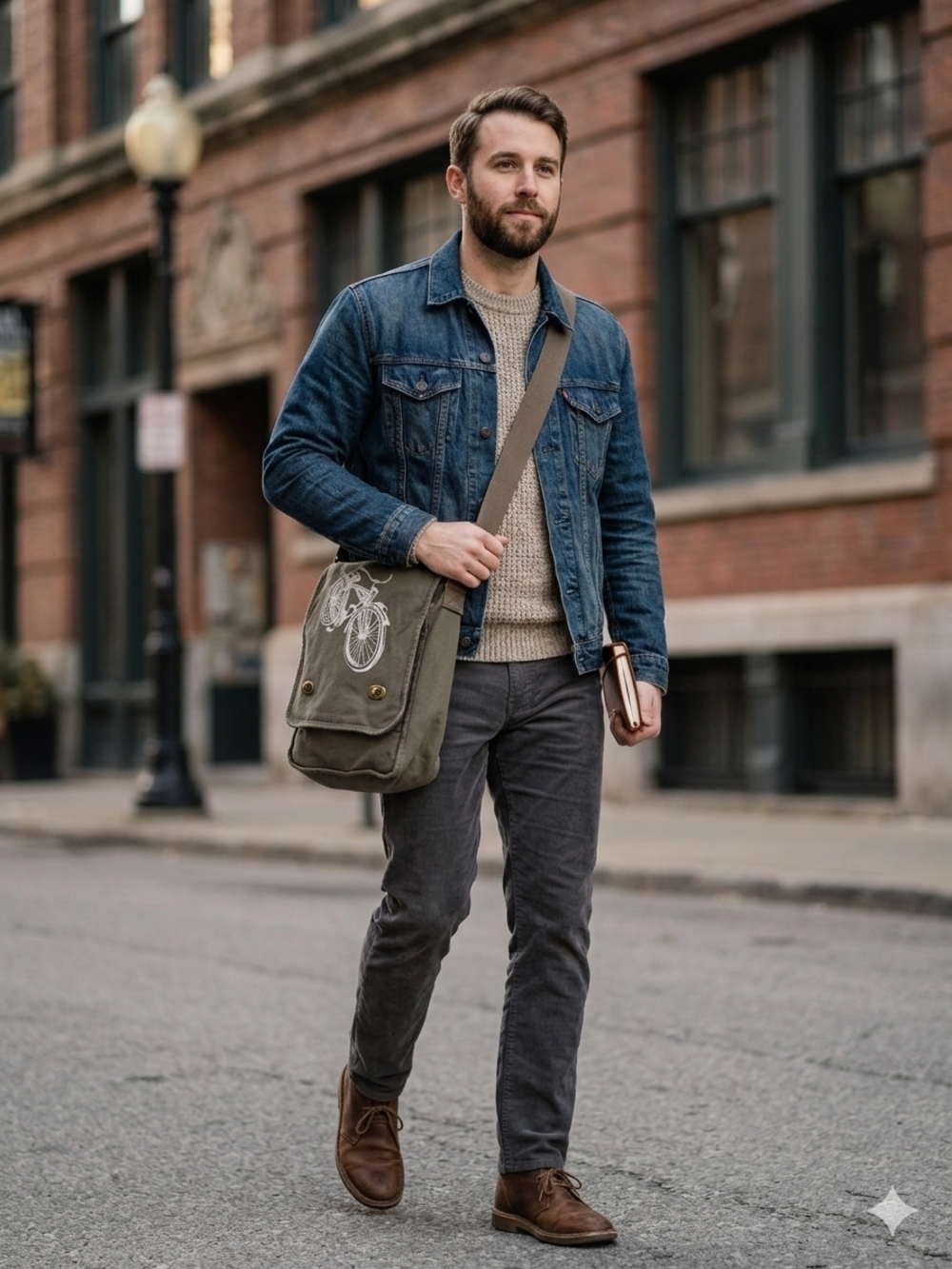 Classic Olive Canvas Messenger Bag with Bicycle Print